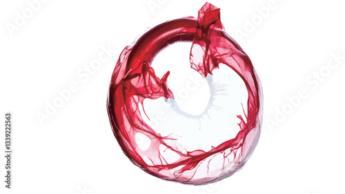The image shows a vibrant red liquid or paint creating a circular swirl against a pure white background. The red element is dynamic and flowing, with translucent areas revealing the white