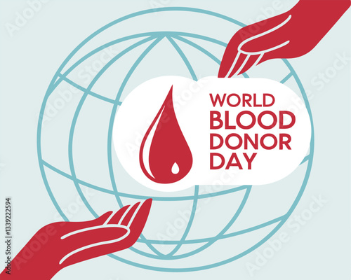 Hands holding a speech bubble with World Blood Donor Day text, featuring a globe and red blood drop.