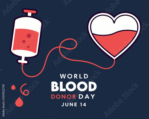 World Blood Donor Day design for June 14th featuring a blood bag connected to a heart, symbolizing life-saving donations.