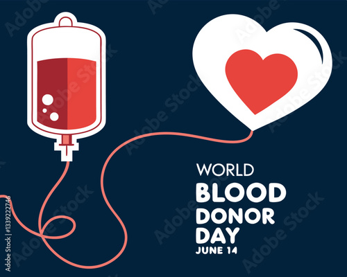 World Blood Donor Day design for June 14th featuring a blood bag connected to a heart, symbolizing life-saving donations.