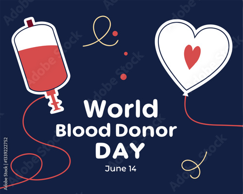 World Blood Donor Day design for June 14th featuring a blood bag connected to a heart, symbolizing life-saving donations.