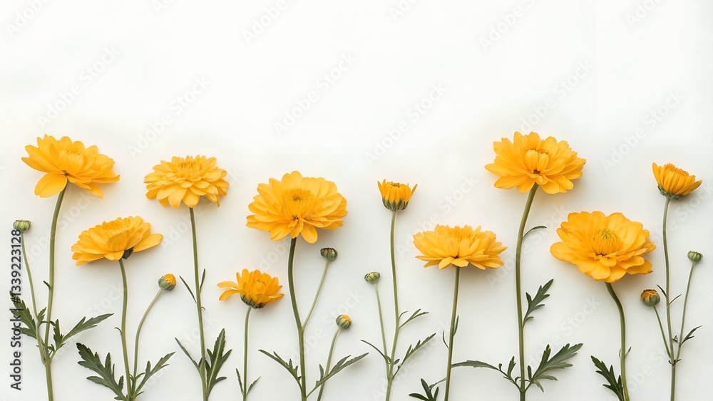 Fototapeta premium Golden Yellow Flowers Flat Lay Minimalist Background with Copy Space 