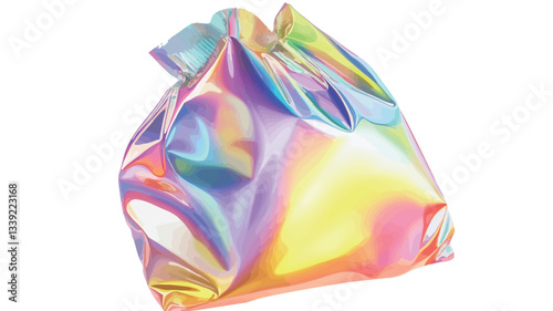 Close-up shot of a crumpled, iridescent object. The object exhibits a holographic effect, displaying a spectrum of rainbow colors with variations in saturation and intensity across its surface.
