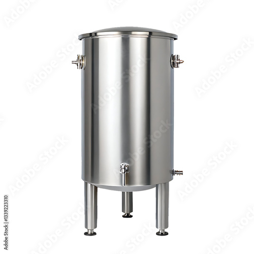 Stainless steel industrial tank for brewing or food processing.