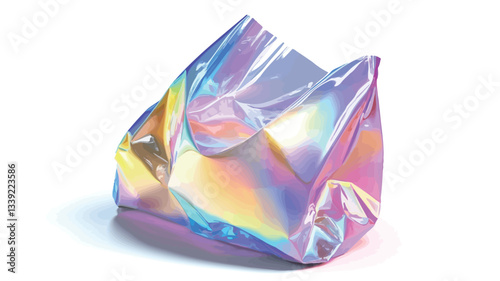 Close-up shot of a crumpled piece of iridescent foil. The foil displays a range of pastel colors including pinks, blues, greens, and purples, shifting with light reflection. The texture is uneven