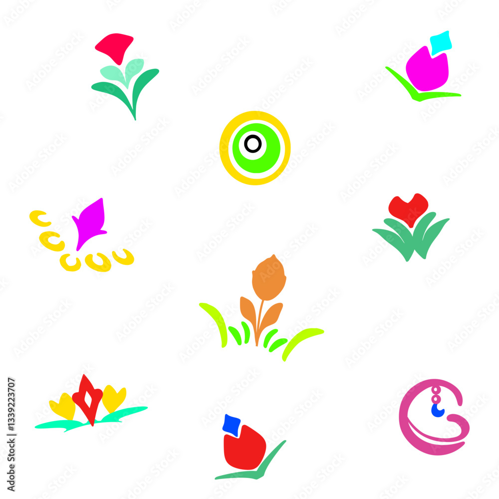 set of colorful abstract symbols, seamless pattern diff color flowers set of colorful abstract symbols, seamless pattern diff color flowers