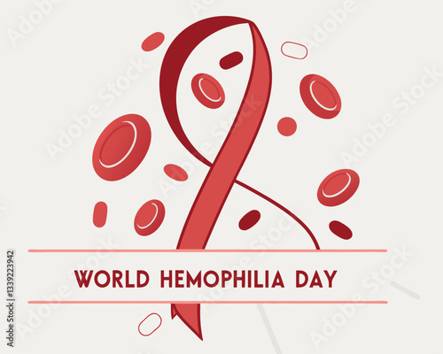 World Hemophilia Day awareness design featuring a red ribbon, capsule medication, and stylized blood elements for promoting support and treatment.
