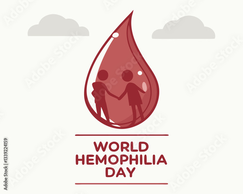 Simple and symbolic design for World Hemophilia Day featuring a red blood drop against a soft, cloudy background.