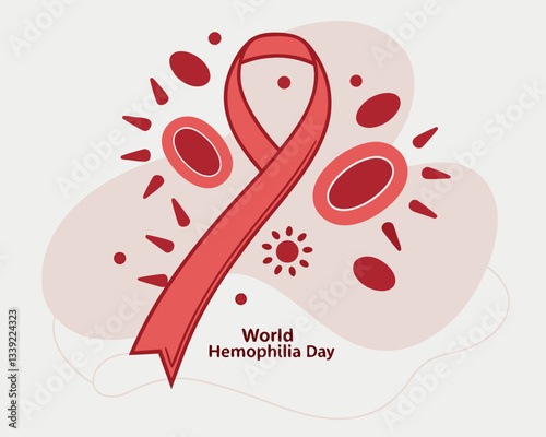 World Hemophilia Day awareness design featuring a red ribbon, capsule medication, and stylized blood elements for promoting support and treatment.