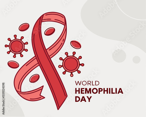 World Hemophilia Day awareness design featuring a red ribbon, capsule medication, and stylized blood elements for promoting support and treatment.