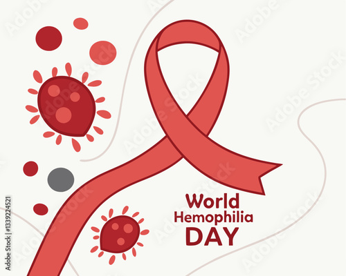 World Hemophilia Day awareness design featuring a red ribbon, capsule medication, and stylized blood elements for promoting support and treatment.