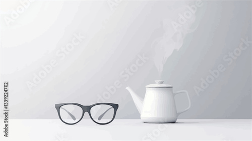 A minimalist image depicting a pair of black eyeglasses and a white enamel tea kettle emitting steam. The objects are positioned on a white surface against a plain white background. The image is
