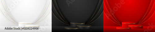 Set of white, black, red podiums with elegant gold lines for product presentation. Cosmetic product display. Stage or podium. vector illustration	