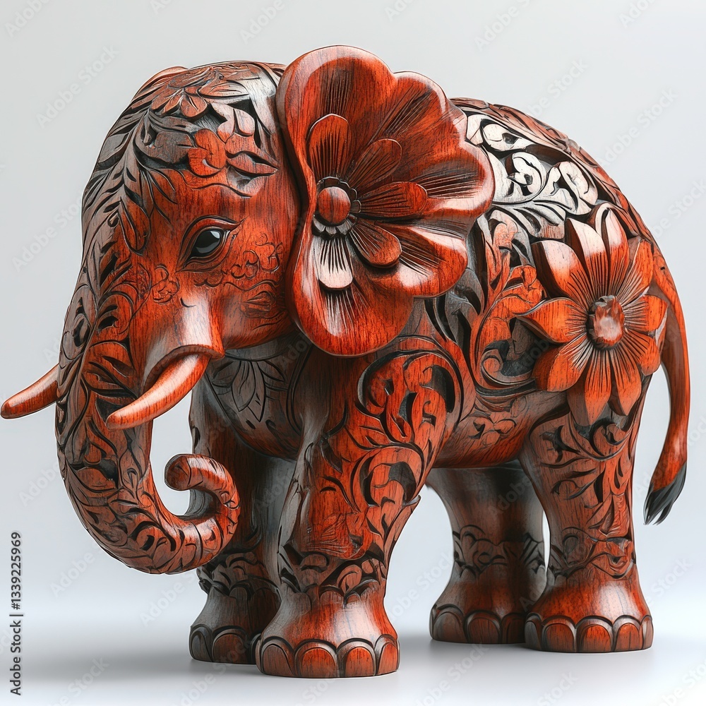 Obraz premium A vibrant red elephant, intricately carved with detailed textures, standing majestically on a white background.
