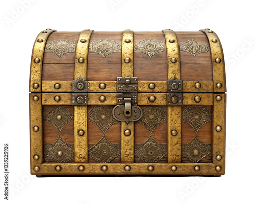 Ornate wooden chest, vintage treasure box, antique container.