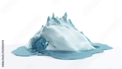 A 3D rendering of an iceberg melting on a white background. The iceberg is predominantly white and light blue, with a rough, textured surface.  A portion of the iceberg appears submerged in a pool