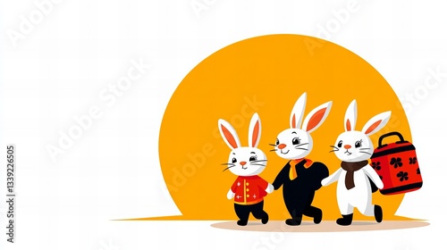 Three bunnies are walking together in front of a large orange circle with one bunny holding a red box decorated with black flowers, creating a whimsic photo