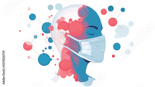 A stylized illustration of a human head in profile, wearing a face mask. The head is depicted in shades of blue and partially overlaid with abstract shapes in pink and red.  Small, scattered