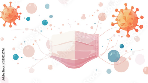 A digital illustration depicting a pink and white face mask at the center. The mask is rendered in a watercolor style with soft edges.  Surrounding the mask are various abstract representations of