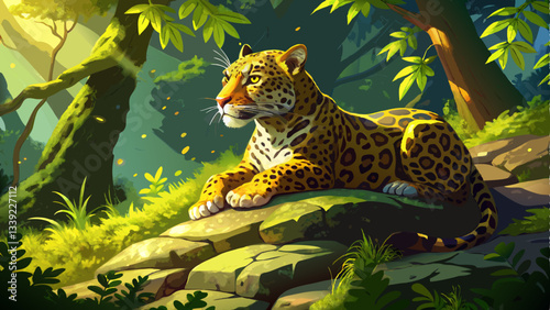 vector of powerful jaguar resting on a moss-covered rock, its golden-spotted coat glowing under the dappled sunlight filtering through the dense canopy