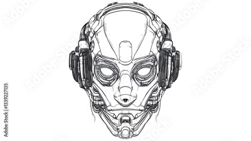 A detailed close-up illustration of a robot's head, rendered in grayscale.  The style is line art, showcasing intricate details in the robot's face, including what appears to be a helmet or
