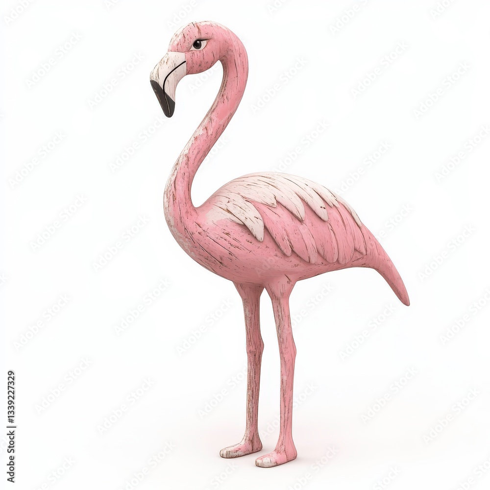 Fototapeta premium A soft pink flamingo, elegantly carved with long, slender legs, standing gracefully on a white background.