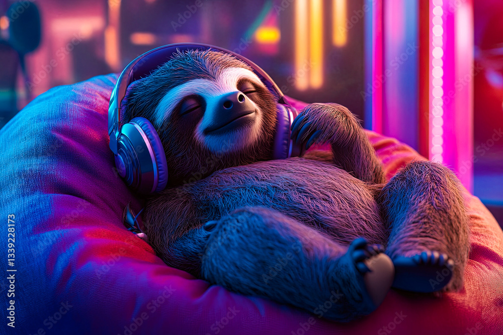 Fototapeta premium Relaxed Sloth Listening to Music