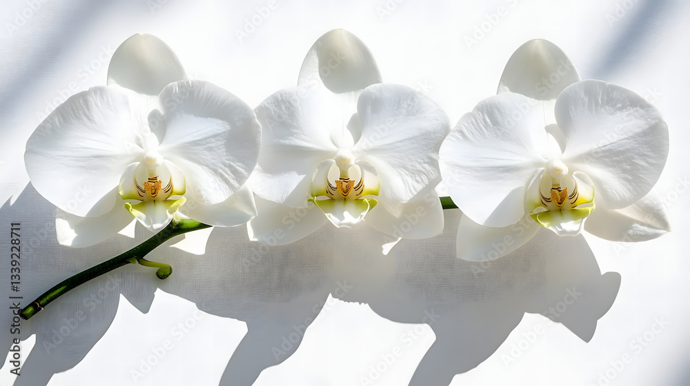 Obraz premium Orchid Trio: Three pristine white orchid blossoms, capturing the delicate beauty of each petal against a play of shadows, representing elegance and natural sophistication.