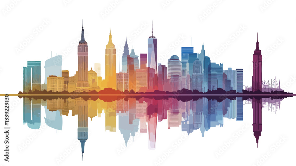 Fototapeta premium A stylized illustration depicting a city skyline with a prominent reflection in calm water. The buildings are depicted in a gradient of warm and cool colors, ranging from yellows and oranges at the