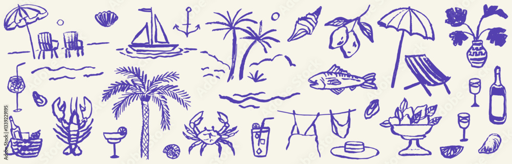 Italian or greek style vacation hand drawn vector illustrations in grunge scribble rough doodle sketch style elements. Lemon, palm tree vacation in chalk charcoal style. Drawings for poster, placard.