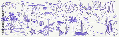 Summer vacation doodle style illustration set. Vector ink hand drawn coastal sea or beach leisure and surf activities print elements. Sea weekend rest collection for invitations to beach party, picnic