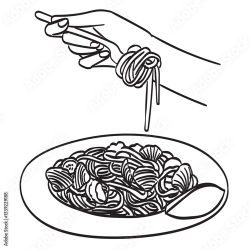 Doodle line drawing of delicious spaghetti with fork. Italian seafood pasta noodle restaurant concept for cafe, shop or food delivery service in ink hand drawn style isolated on white background.