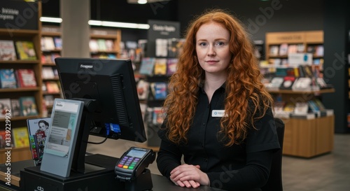Wallpaper Mural Woman worker standing at checkout in bookstore. Portrait of smiling bookseller at register desk near self-checkout. Literature sales, reading hobby and employee in retail services. Torontodigital.ca
