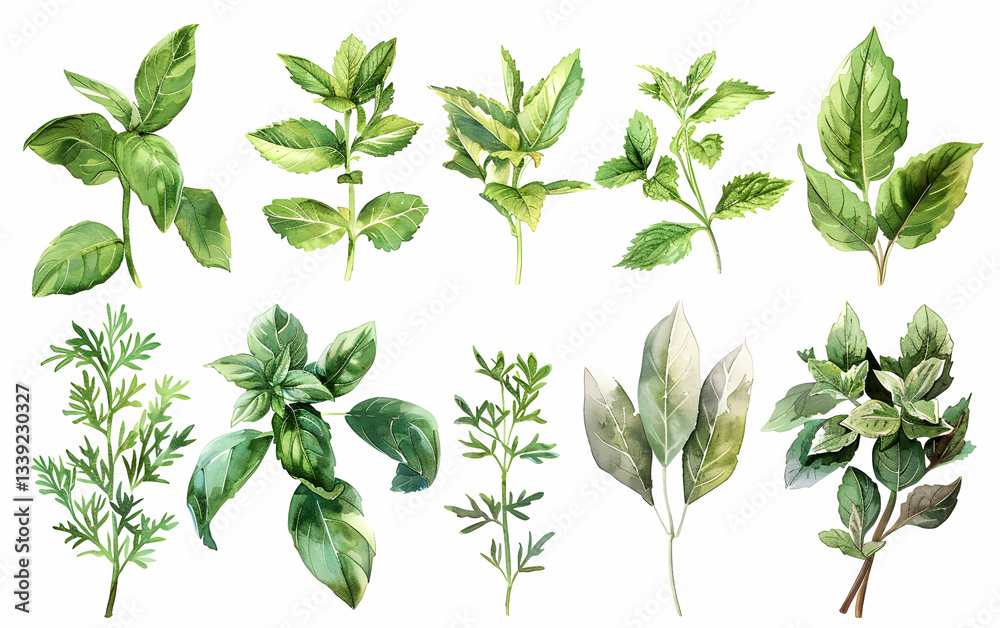 Collection of fresh herbs arranged artistically on a white background showcasing various types and their distinct leaf shapes Collection of fresh herbs arranged artistically on a white background showcasing various types and their distinct leaf shapes