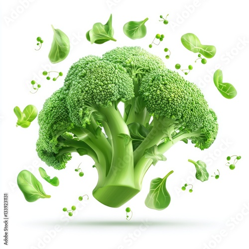 Fresh Broccoli Head Surrounded by Green Leaves and Peas Flying