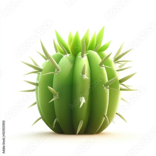 Green Spiky Cactus with Bright Thorny Texture Against Light Background