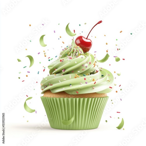 Delicious Green Cupcake with Cherry and Colorful Sprinkles