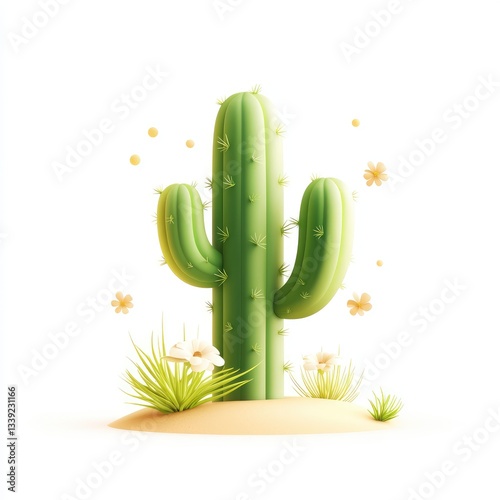 Lively Cactus with Flowers and Grass in Bright Desert Setting