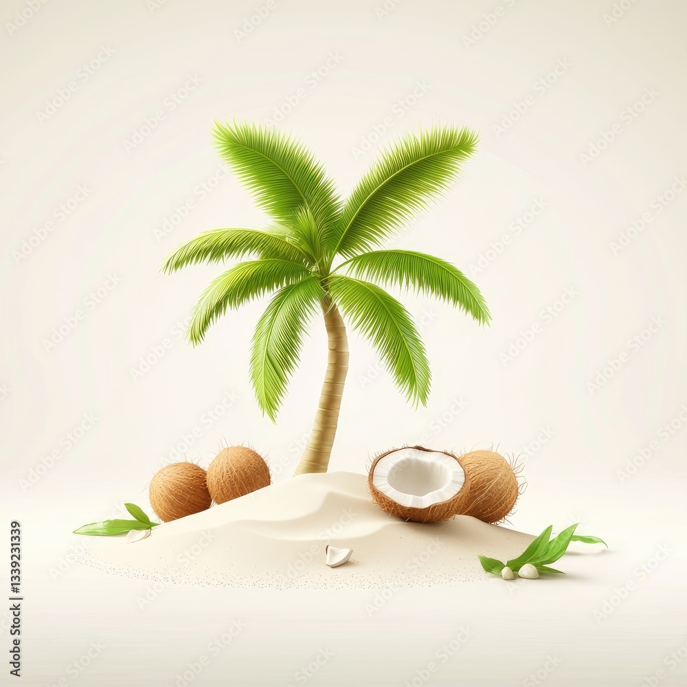 Obraz premium Tropical Coconut Tree with Fresh Nuts and Sand Beach Scene