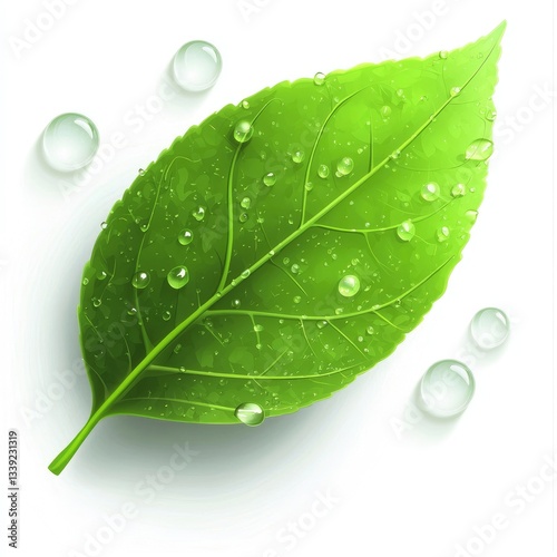 Fresh Green Leaf with Water Drops Isolated on White Background