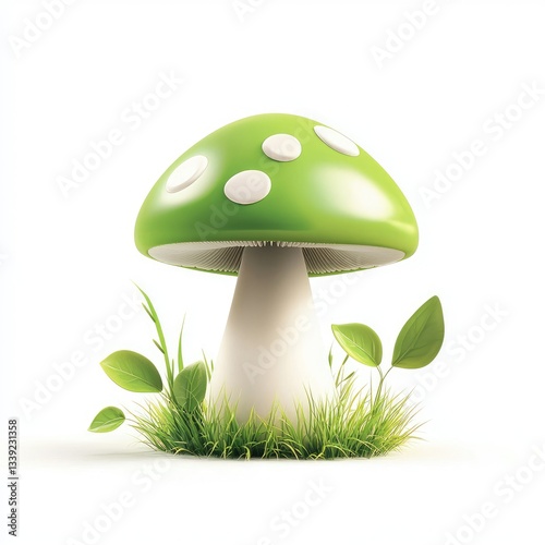 Bright Green Mushroom Surrounded by Fresh Green Leaves and Grass