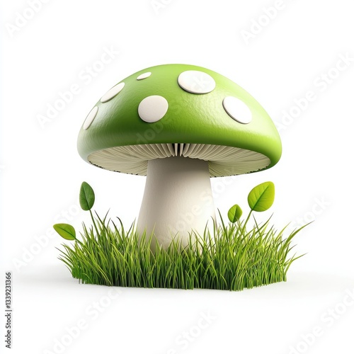 Whimsical Green Mushroom Surrounded by Fresh Green Grass and Leaves