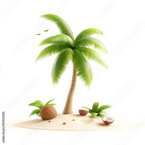 Tropical Palm Tree with Coconuts on a Sandy Beach Landscape