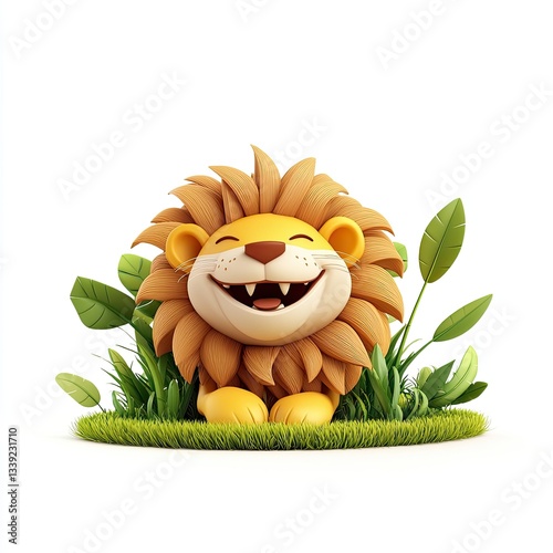 Cute Cartoon Lion Character Sitting in Green Grass with Leaves