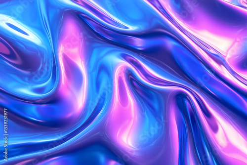 Wavy Blue and Purple Metallic Liquid Background with Neon Holographic Texture