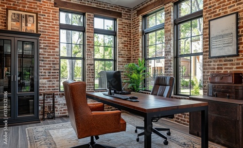 A luxurious modern office interior with brick walls and large windows