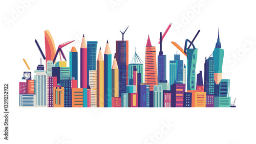 A digital illustration depicting a stylized cityscape composed of pencils and buildings. The buildings are various heights and shapes, rendered in a flat, vector style with bright, bold colors.