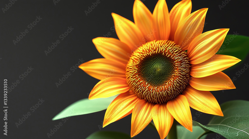 Fototapeta premium Bright sunflower with green leaves isolated on a transparent background showcasing its vibrant petals and detailed center, Sunflower, isolated, transparent
