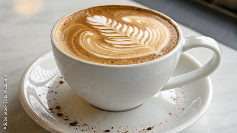 Coffee cup, latte art, cappuccino, frothy milk, leaf pattern, white ceramic mug, saucer, close-up, warm tones, café atmosphere, barista skills, morning beverage Coffee cup, latte art, cappuccino, frothy milk, leaf pattern, white ceramic mug, saucer, close-up, warm tones, café atmosphere, barista skills, morning beverage