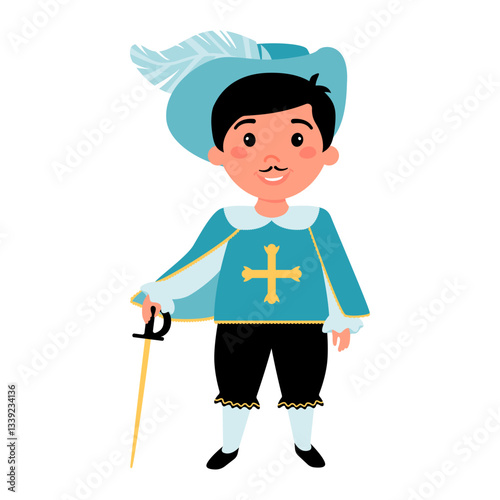Boy dressed in a musketeer costume and holding a sword in his hands.